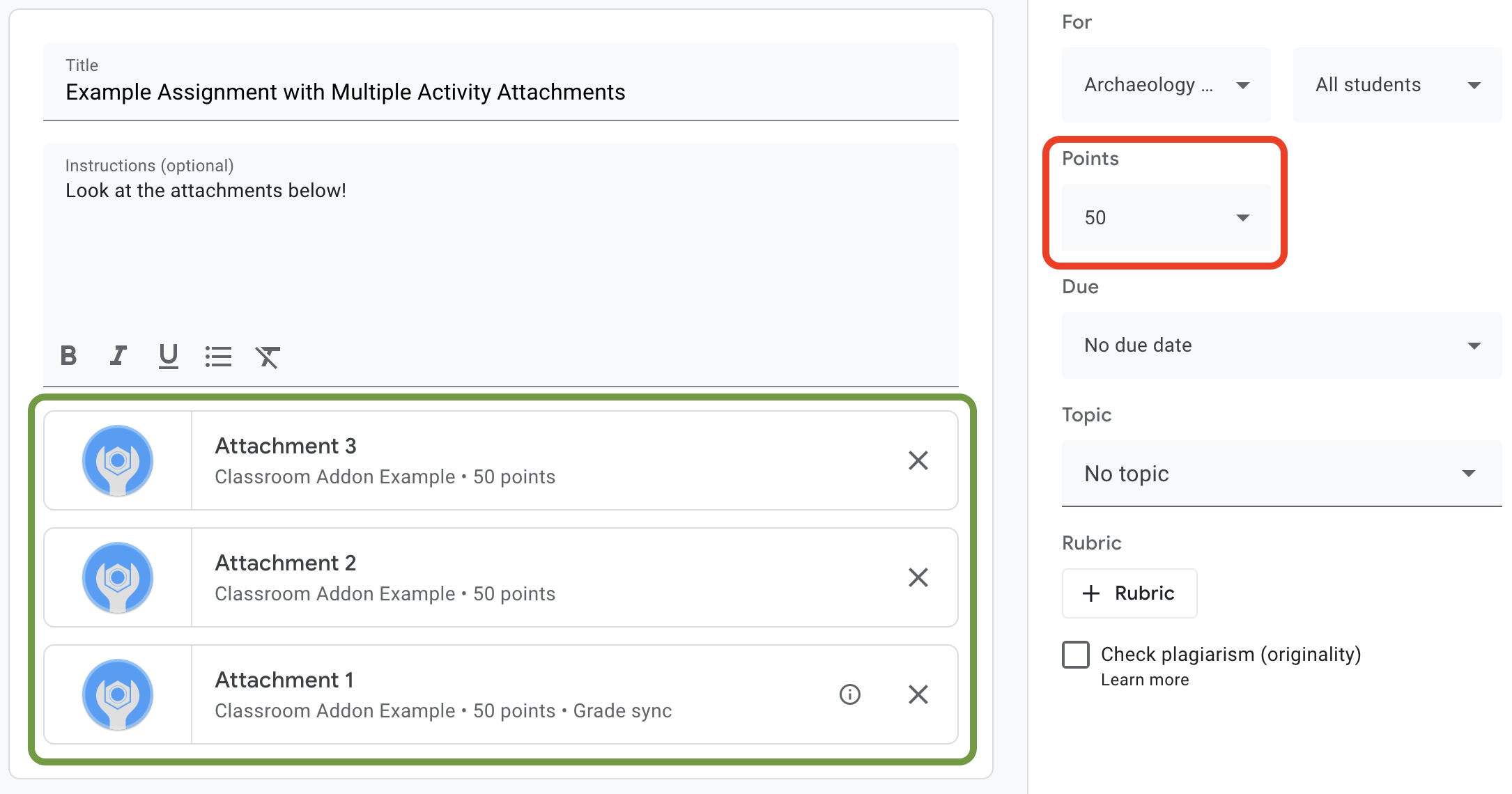 Exemplo de vários anexos com maxPoints em uma atividade