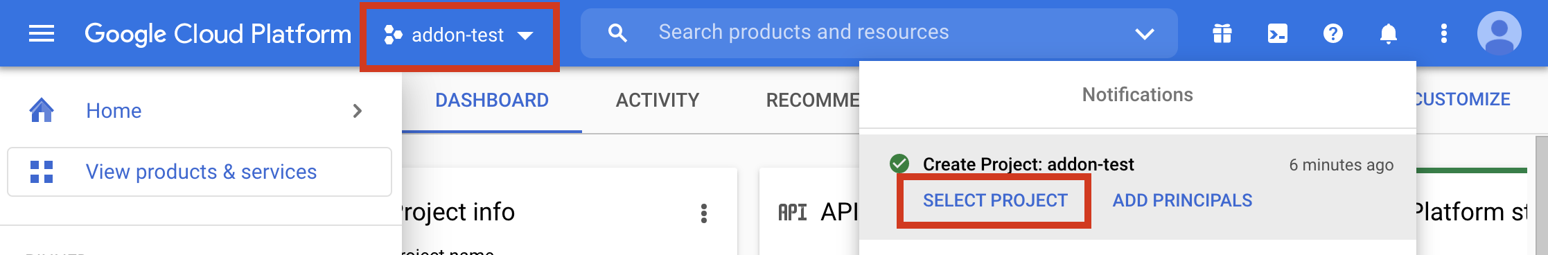 Select the project in the Google Cloud
console