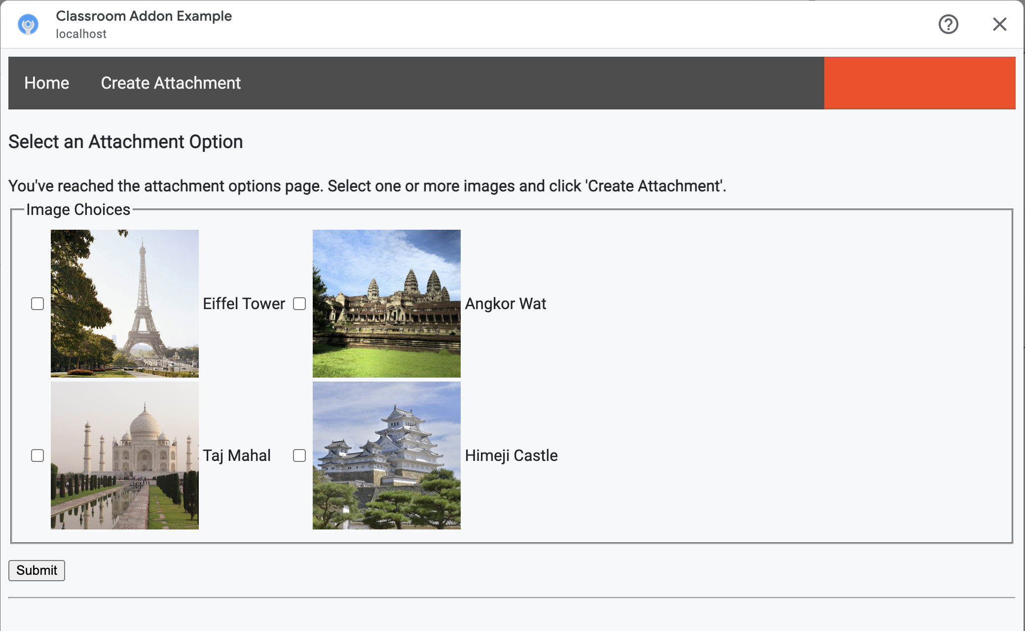 Python example content selection view