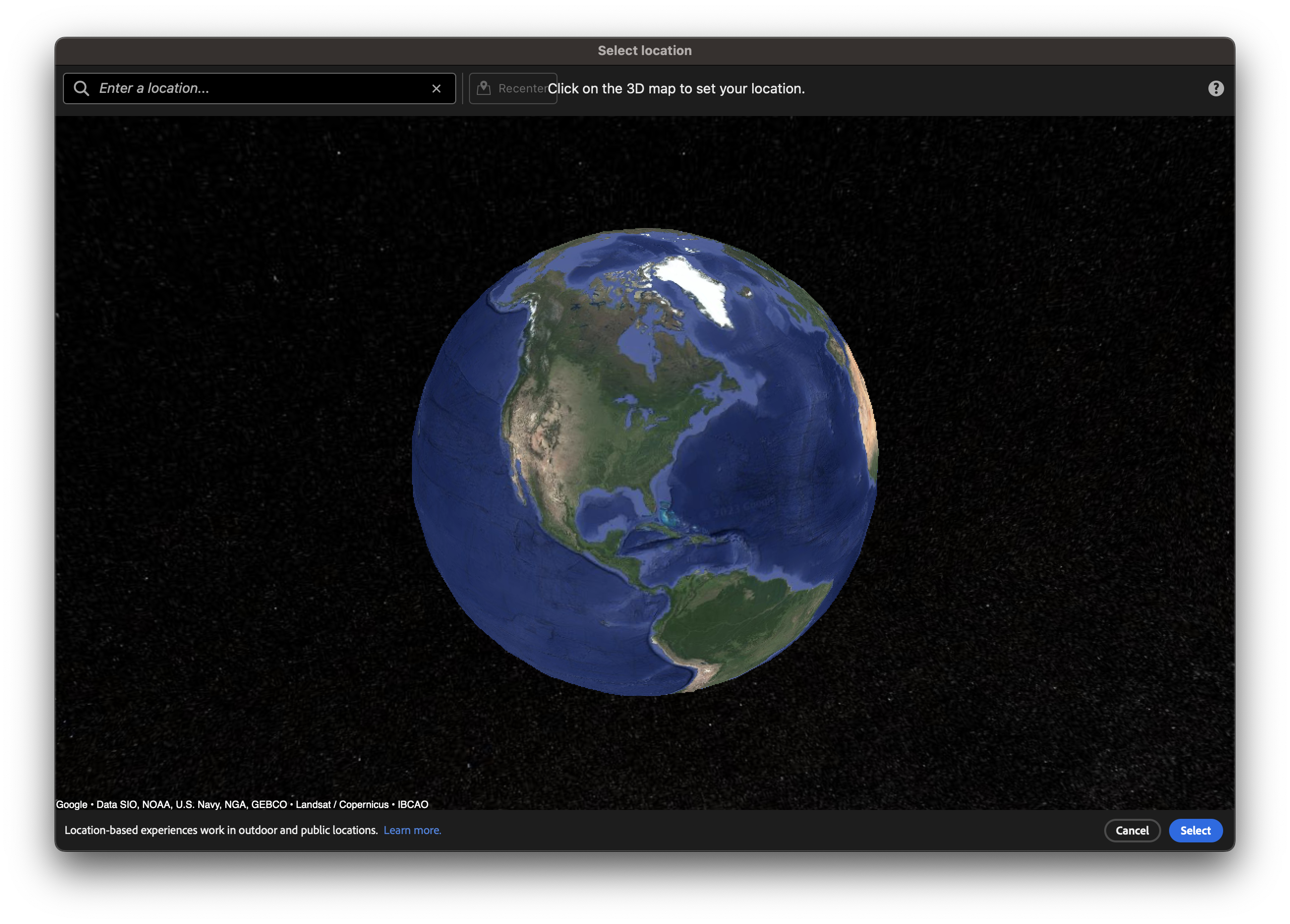 Fenêtre de l'outil de sélection du lieu dans Adobe Aero