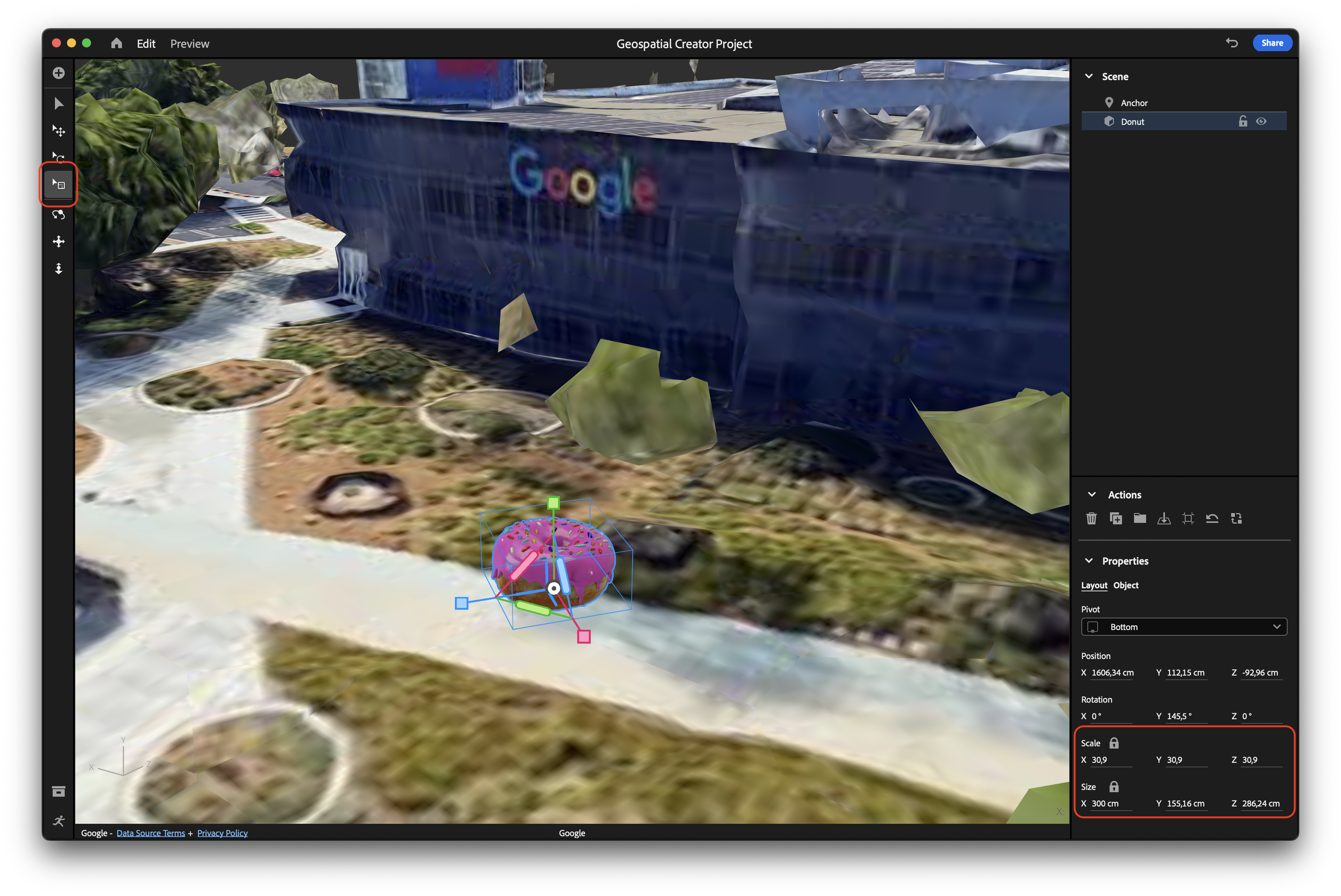 ऑब्जेक्ट को स्केल करने वाला पैनल