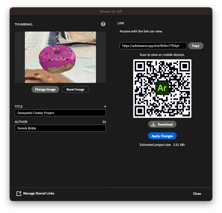 एआर विंडो के तौर पर शेयर करें