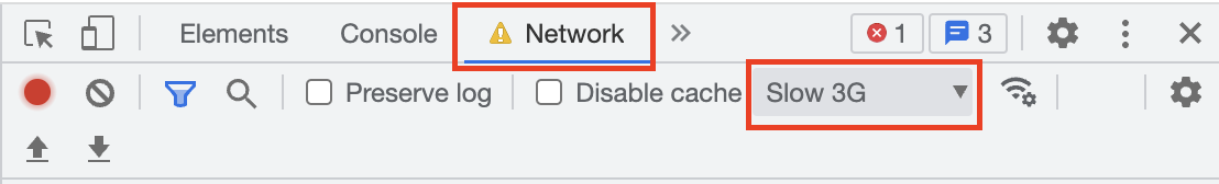 The Network tab with the Slow 3G setting selected in the Throttling drop-down menu.