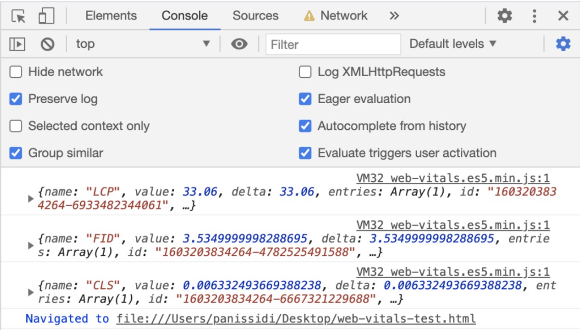 แท็บ Console หลังจากที่มีการพิมพ์เมตริก CLS