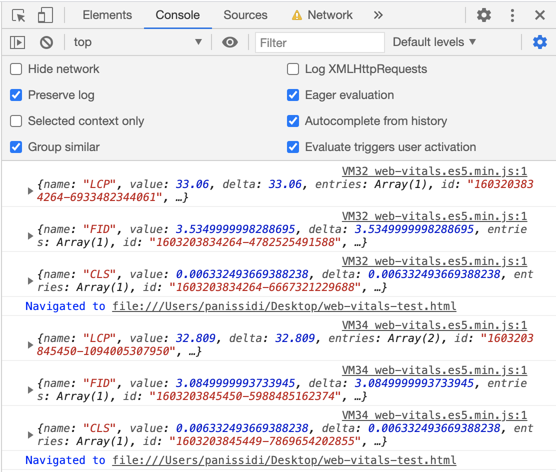 Tab „Konsole“: Der CLS-Messwert wird noch einmal ausgegeben.