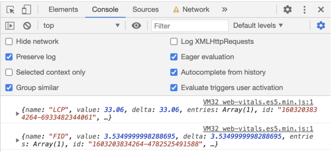 The Console tab after the LCP and FID metrics print.