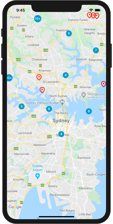 App para iOS con Google Maps y marcadores agrupados en clústeres