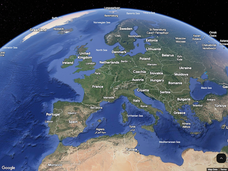 Avrupa görünümü. "Avrupa merkezli küre.