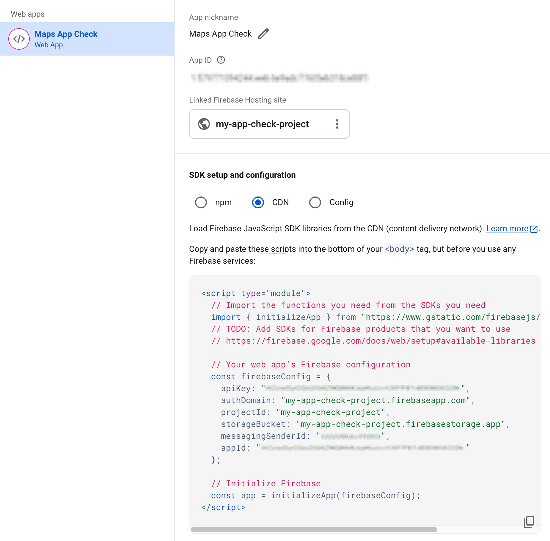 Firebase app config settings.