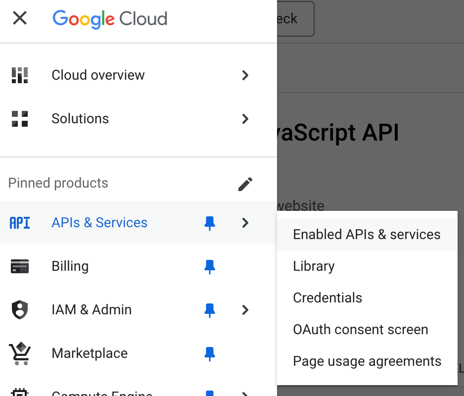 Immagine che mostra il menu Abilita API utilizzato.