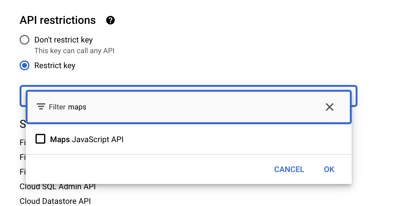 选择要过滤的 Maps API。