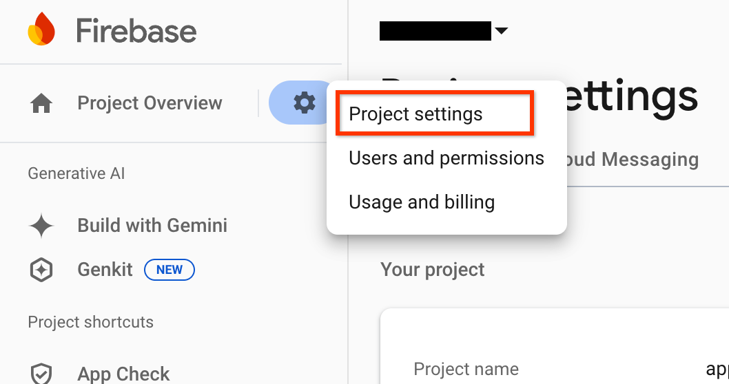 Project settings menu item.