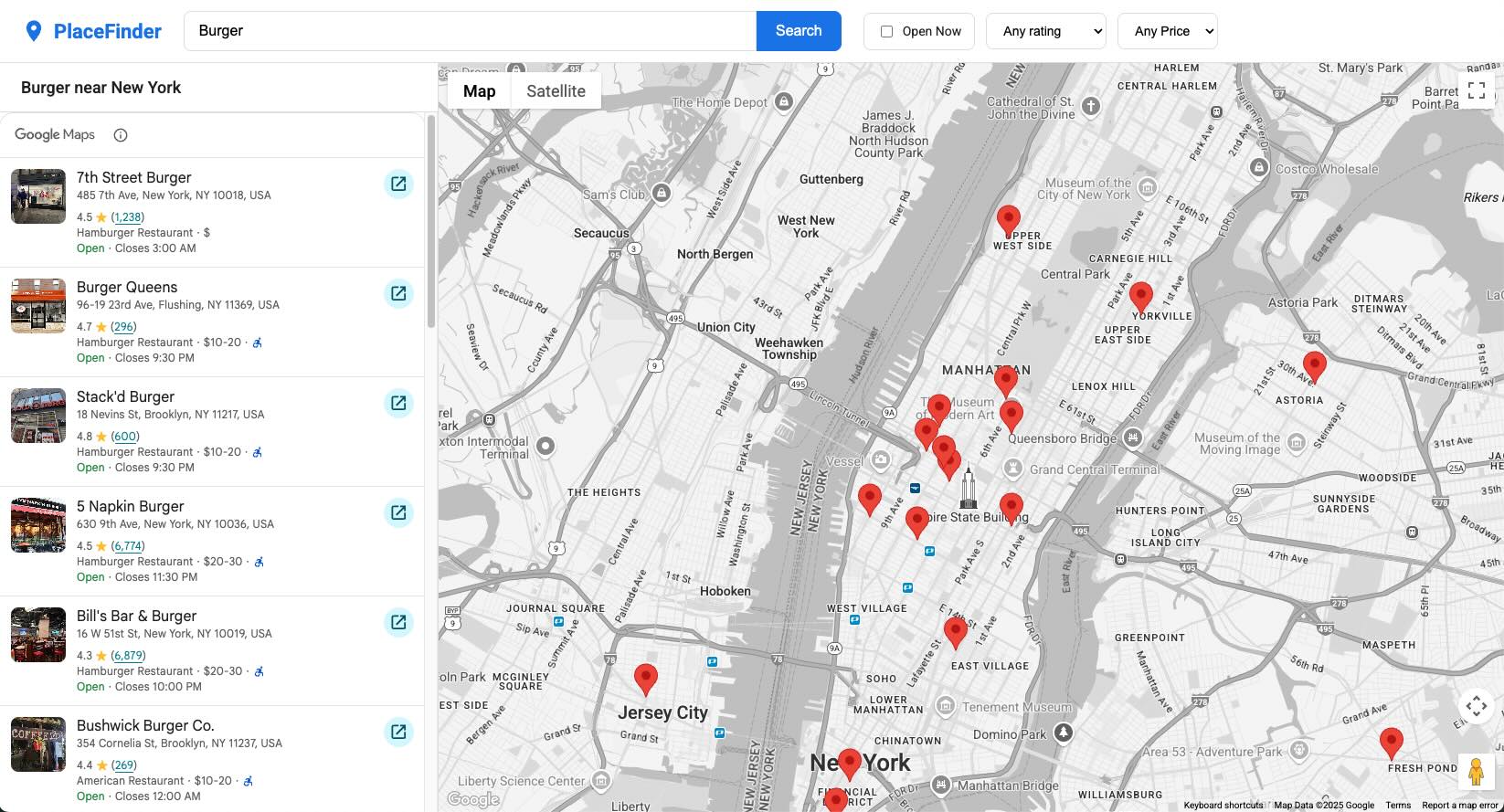 Una captura de pantalla de la aplicación PlaceFinder terminada, que muestra un mapa de Nueva York con marcadores, una barra lateral con resultados de la búsqueda y una tarjeta de detalles abierta.