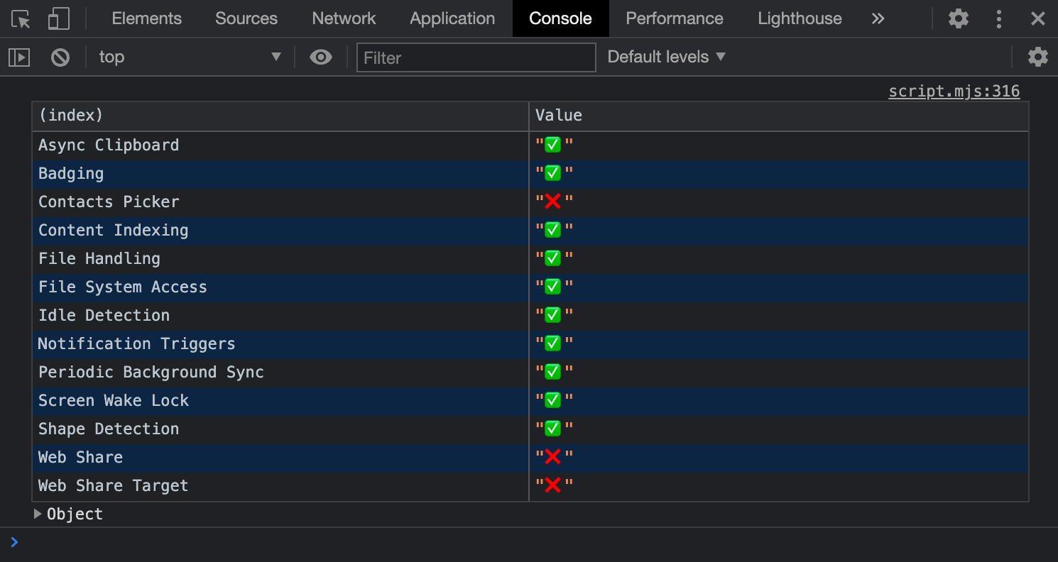 Compatibilidad de la API registrada en Console con las Herramientas para desarrolladores.