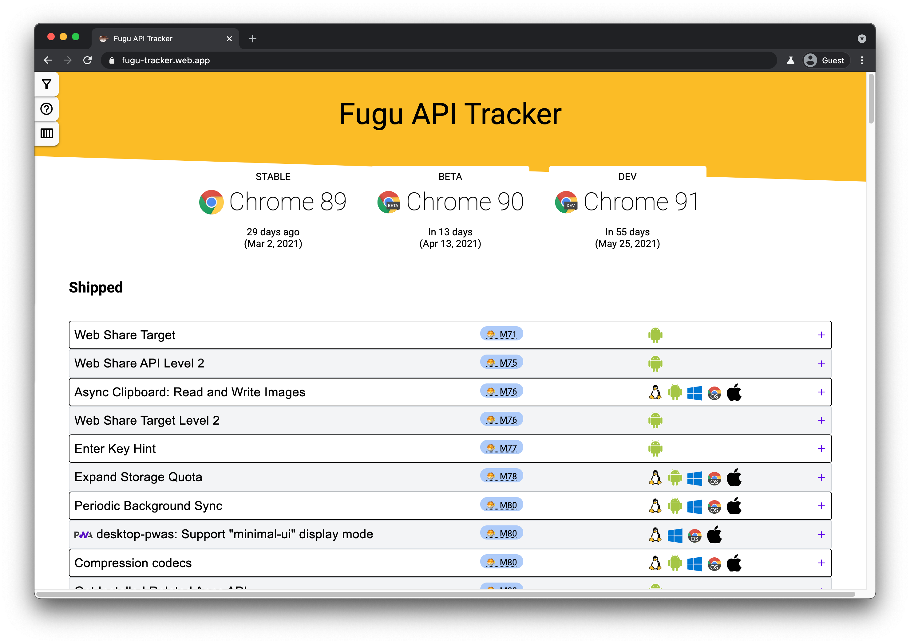Fugu API ट्रैकर वेबसाइट