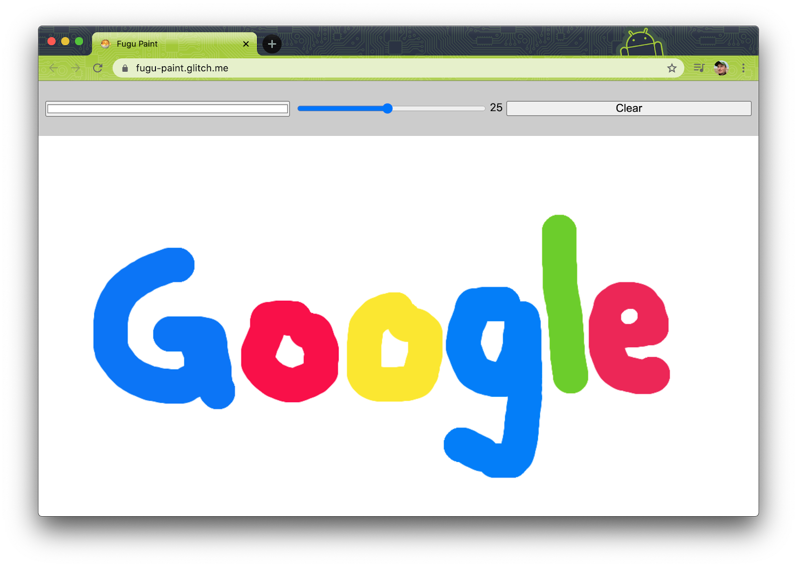 Fugu Greetings dasar PWA dengan kanvas besar dengan kata &ldquo;Google&rdquo; dilukis di atasnya.