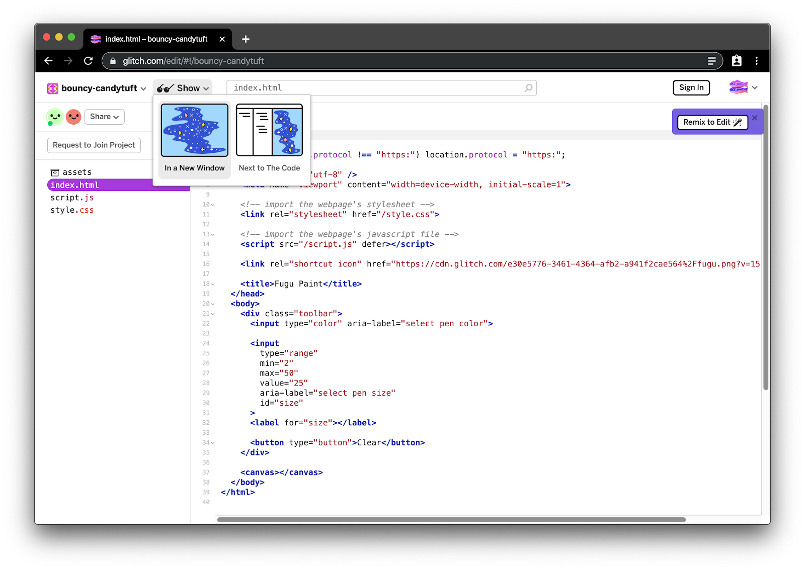 IDE Glitch montrant la modification d&#39;un document HTML.