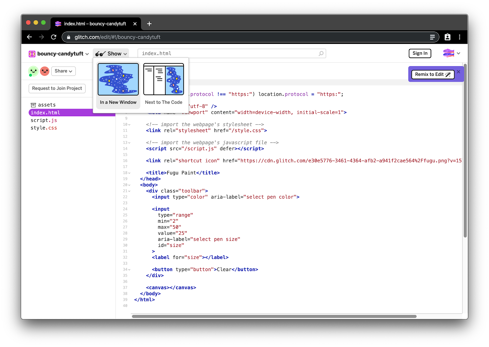 IDE de Glitch que muestra la edición de un documento HTML.