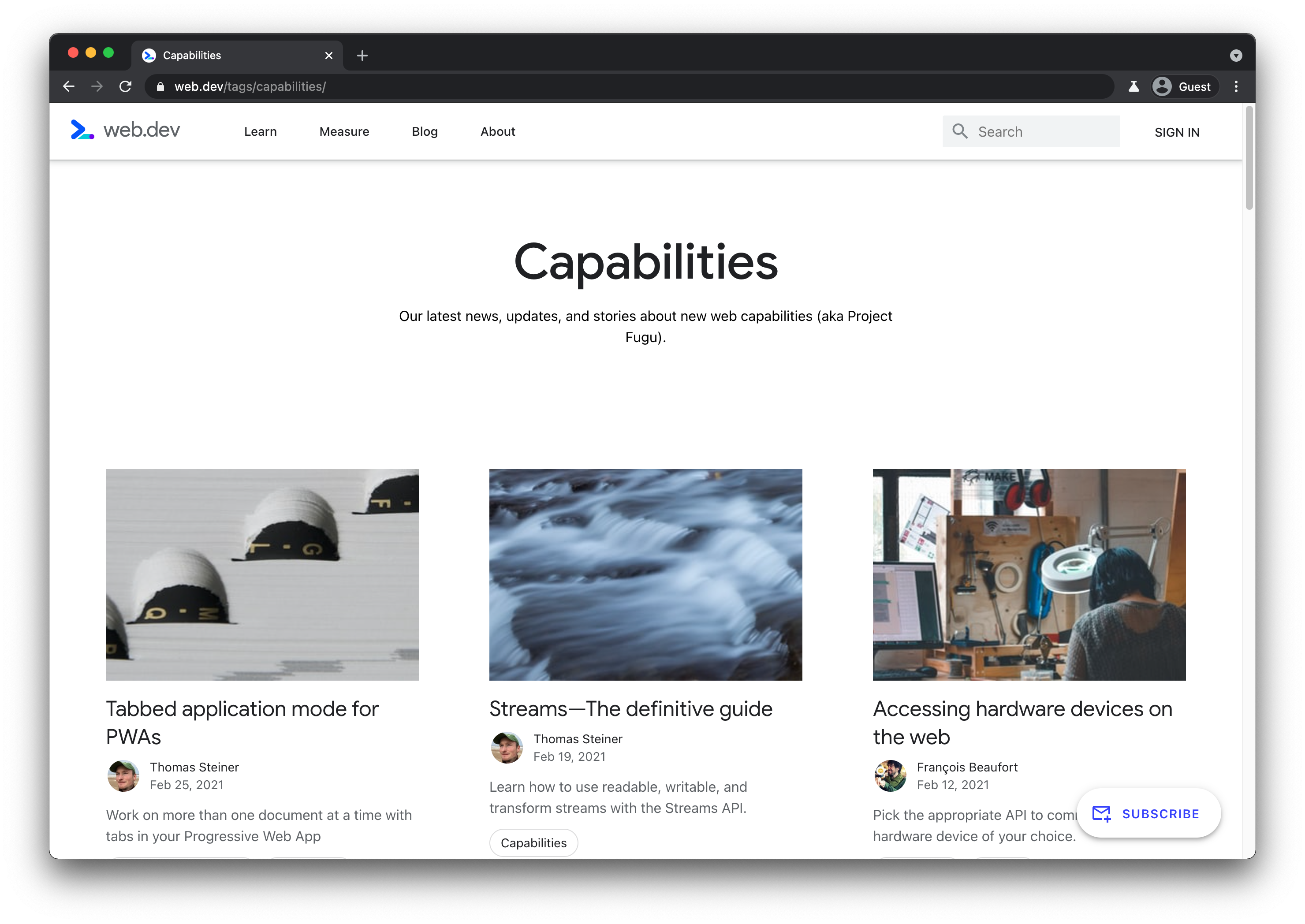 web.dev 网站的“Capabilities”部分的着陆页。