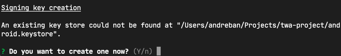 Bubblewrap CLI 精靈會詢問使用者是否想要建立新的簽署金鑰。