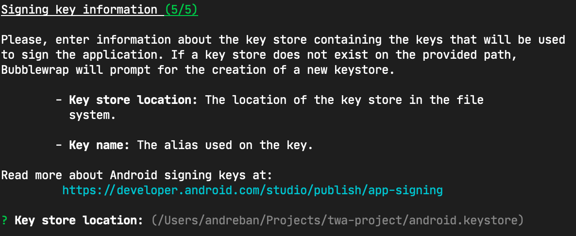 Bubblewrap CLI 精靈會詢問使用者現有簽署金鑰的位置和名稱。