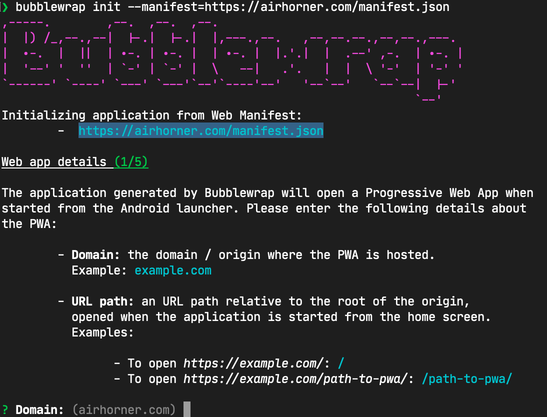 Asistente de CLI Bubblewrap que muestra una inicialización de airhorner con el dominio anulado con example.com y las URL de inicio anuladas.