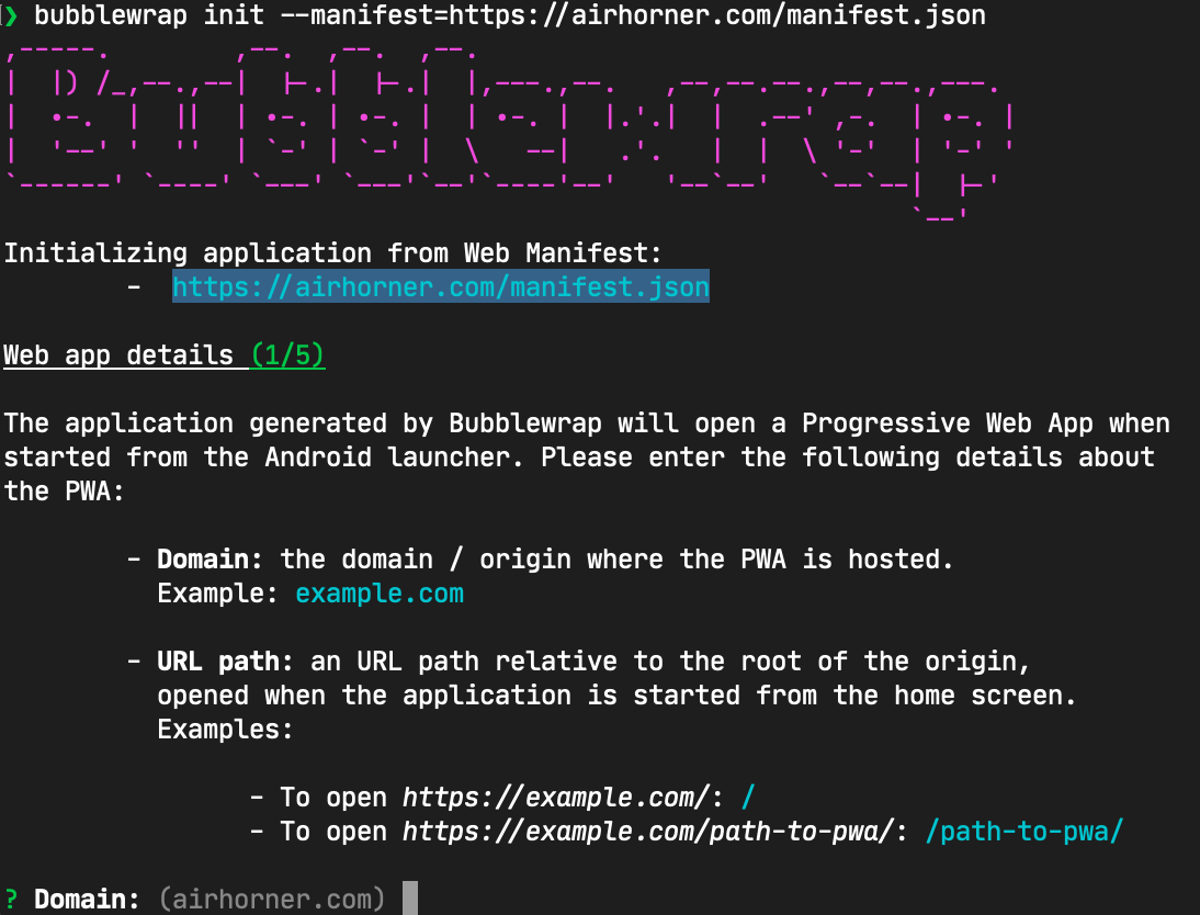 example..com으로 재정의된 시작 URL과 재정의된 도메인이 있는 에어혼의 초기화를 보여주는 Bubblewrap CLI 마법사