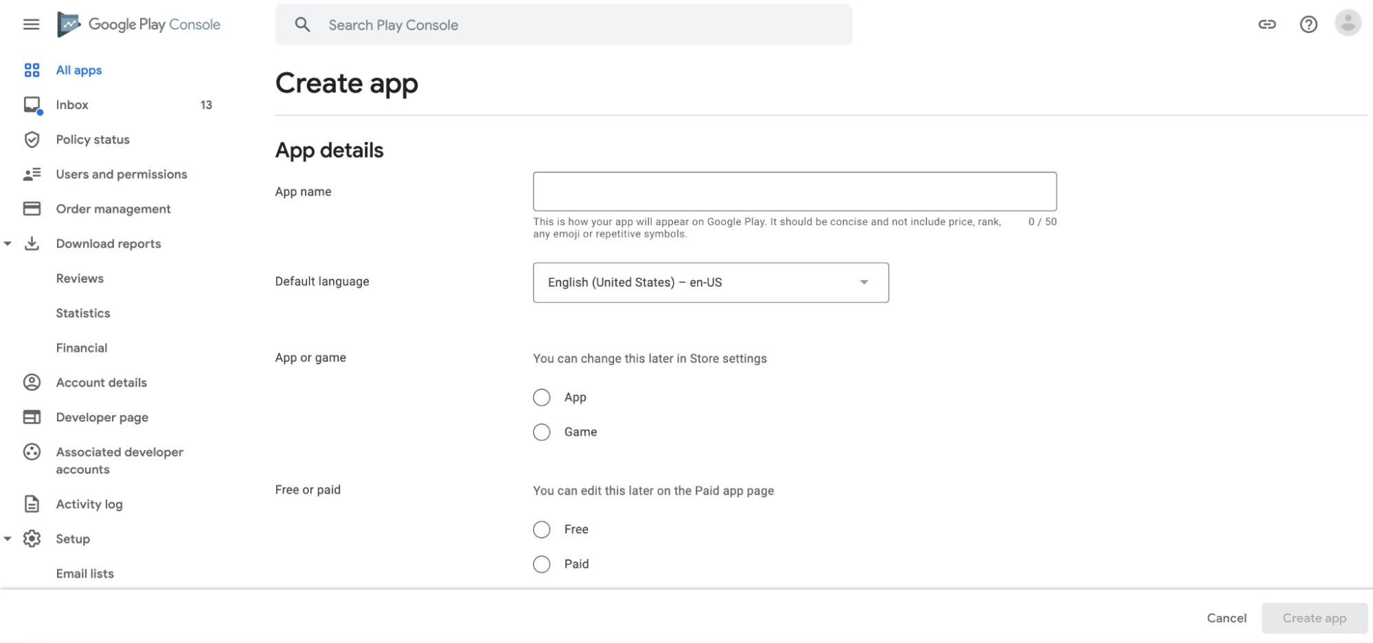 Screen showing the Play Console’s Create app form.