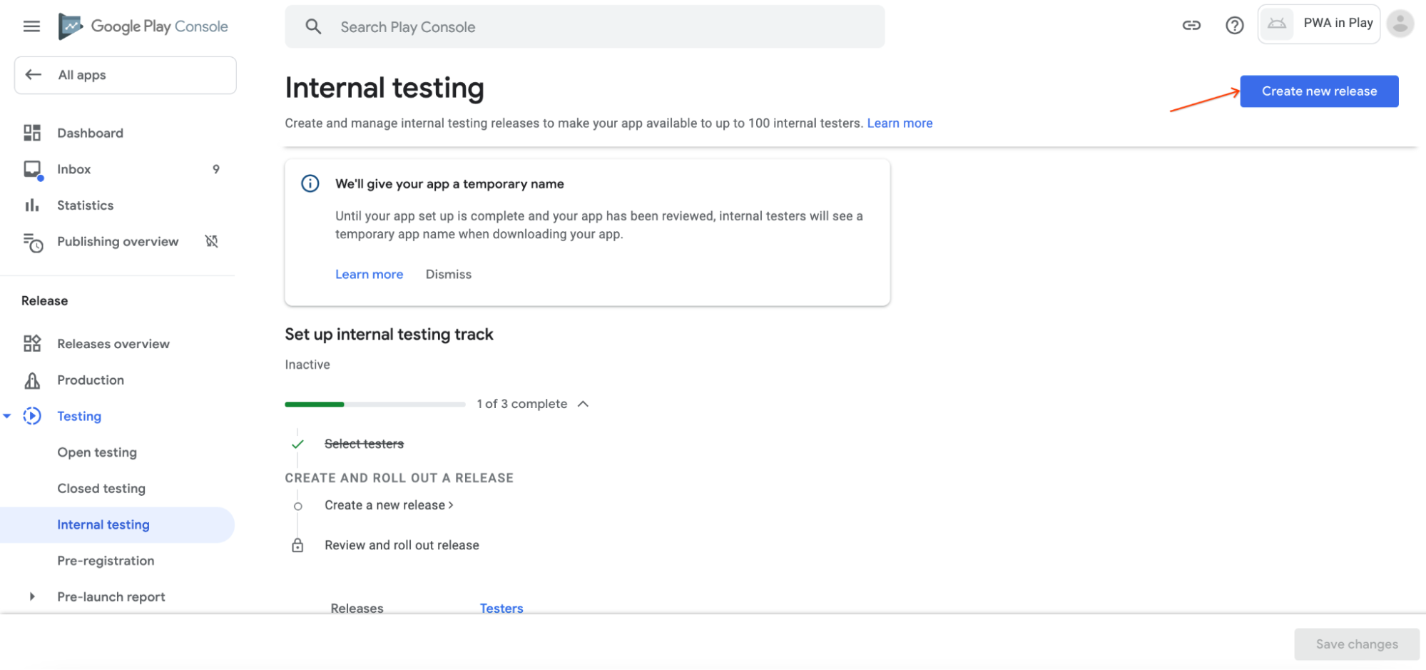 Pagina di test interno con una freccia che punta sul pulsante Crea nuova release.