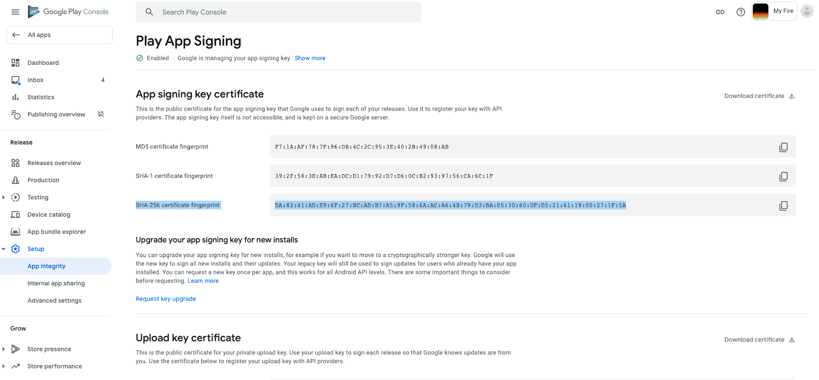 App Integrity screen with the SHA-256 certificate fingerprint highlighted.