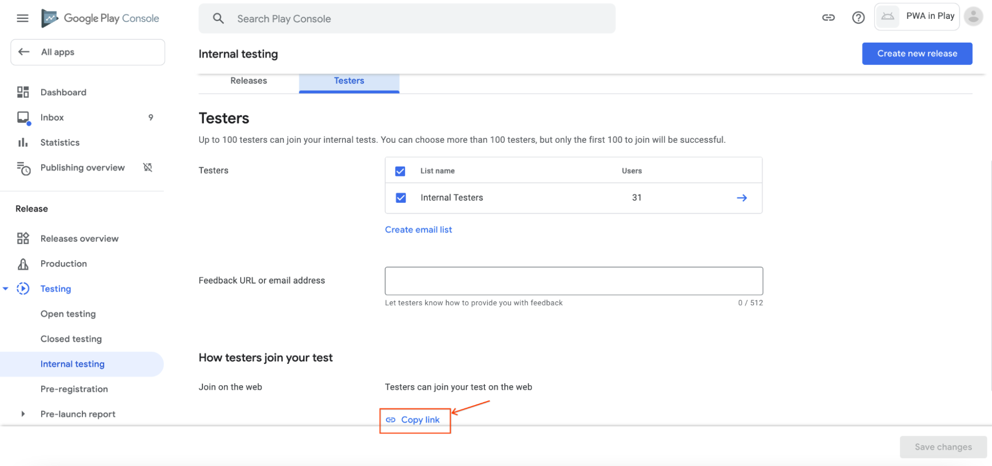 Internal testing page, with an arrow pointing to the copy link link to share a testing link with testers.