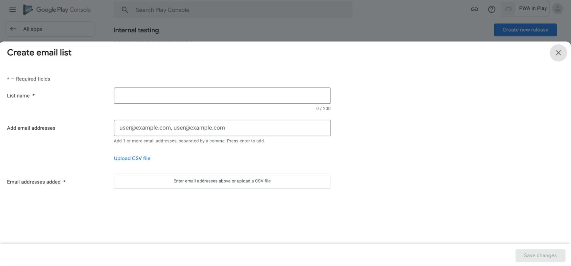 Popup showing the create email list form, which includes list name, email addresses, a link to upload a CSV file of email addresses, and an area to show what email addresses were uploaded.