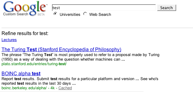 Suchergebnisseite mit einem
verfeinerten Link namens Lectures.