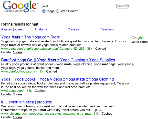 Пример поисковой системы, использующей ключевое слово йога