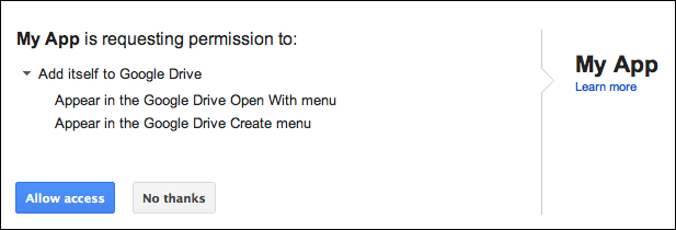Finestra di dialogo di installazione della UI di Google Drive.