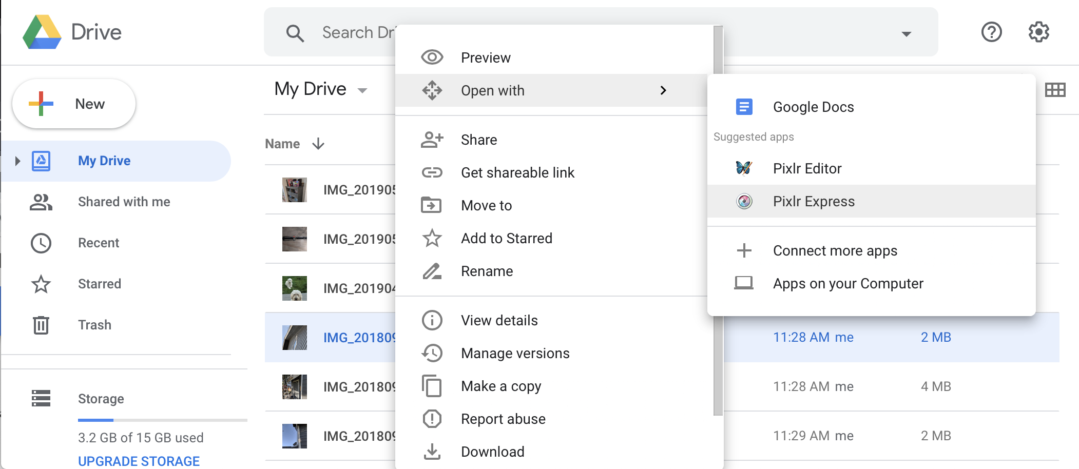 메뉴 항목이 표시된 Google Drive UI