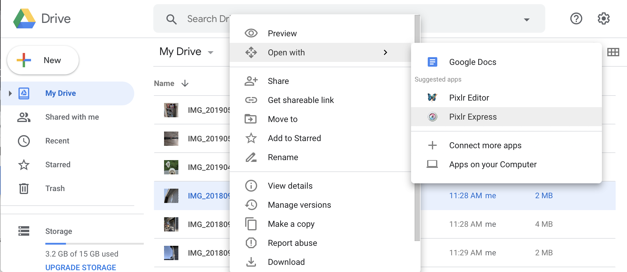 ממשק המשתמש של Google Drive פתוח עם אפשרות בתפריט