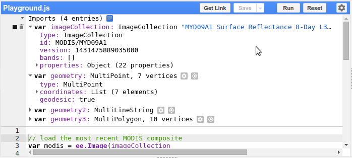 Bereich „Importe“ im Code-Editor
