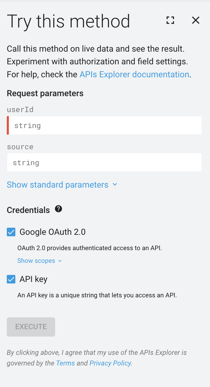 Google Books API용 API 탐색기 측면 패널