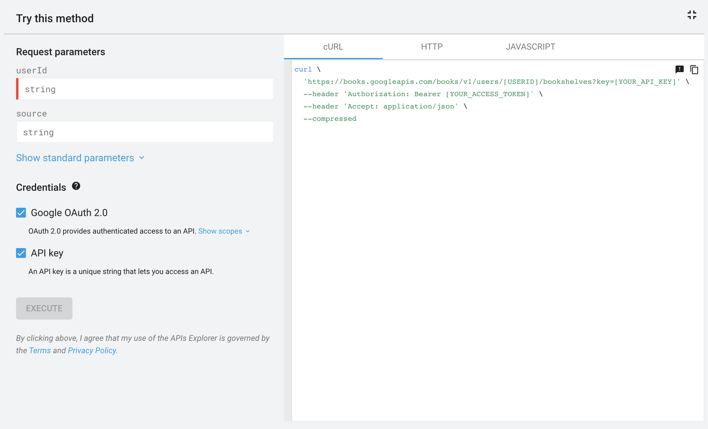 APIs Explorer full-screen panel for the Google Books API