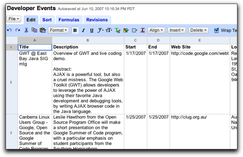 Perekaman layar Google Spreadsheet dengan peristiwa