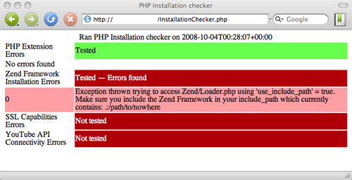 Captura de tela da saída do verificador de instalação do PHP