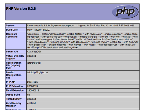 Скриншот информационной страницы php