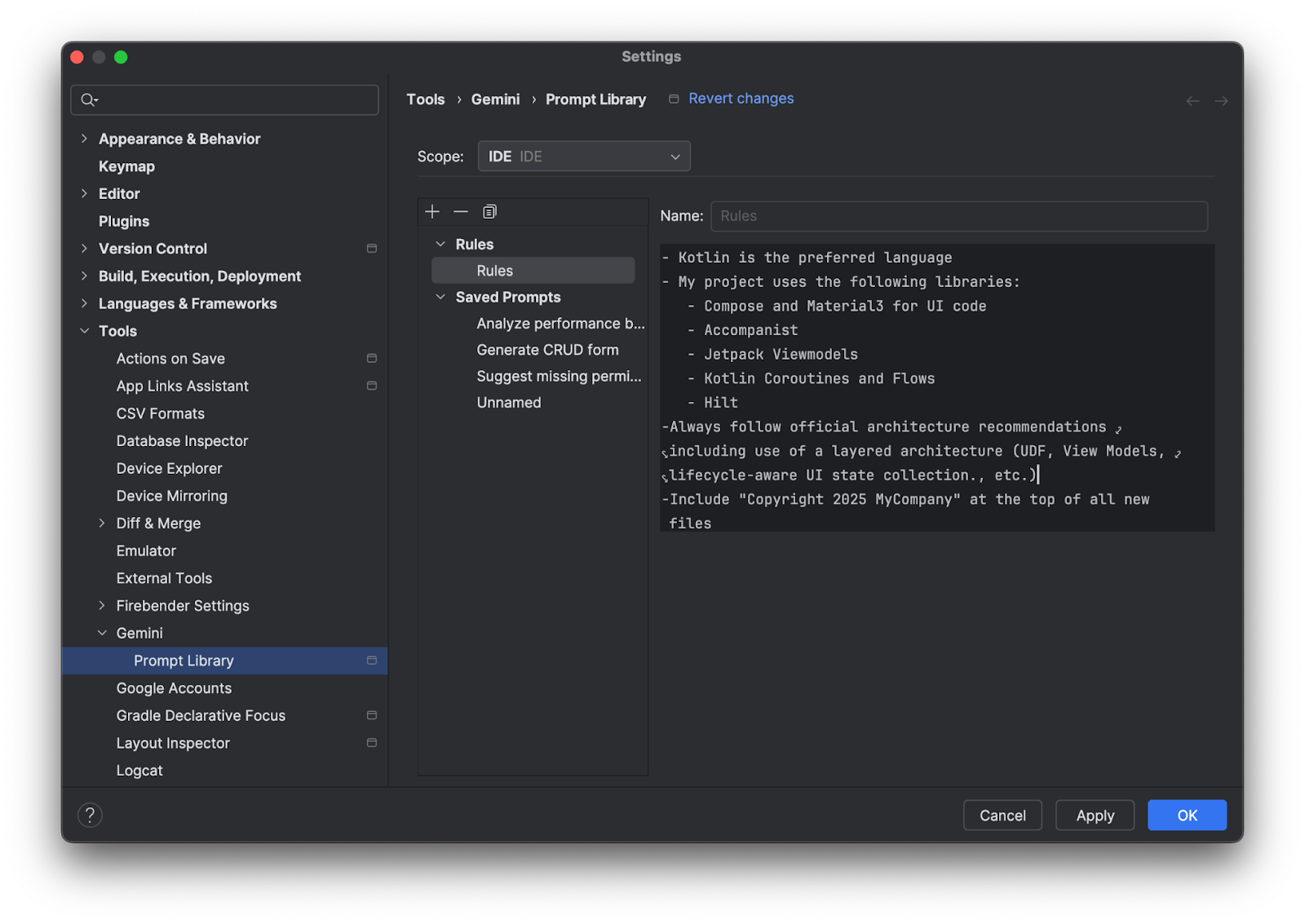 IntelliJ में Gemini के नियम बनाना