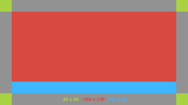 La casella centrale occupa la maggior parte dell&#39;interno dello schermo a 560 x 240 pixel, con una piccola barra nella parte inferiore che è 560 per 40 pixel.
          Sono presenti anche quattro piccoli blocchi di 40 x 40 pixel, uno per angolo