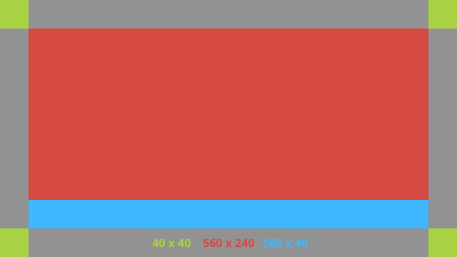 A caixa central ocupa a maior parte do interior da tela a 560 por 240 pixels, com
          uma pequena barra na parte inferior que é de 560 por 40 pixels.
          Também há quatro blocos pequenos de 40 x 40 pixels, um em cada canto