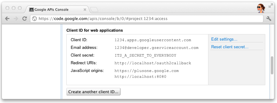 l&#39;ID client e il secret sulla console API di Google