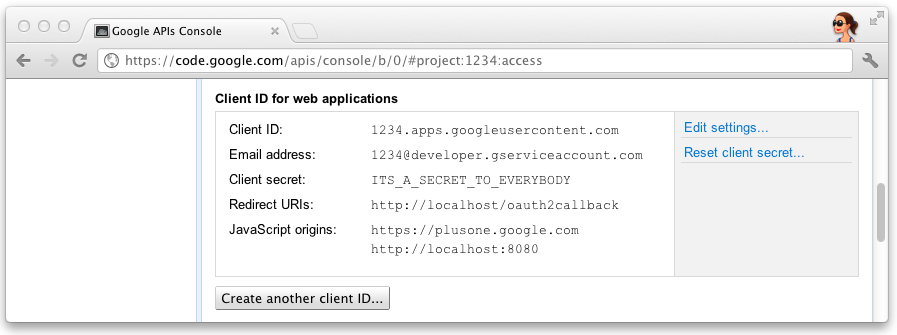 L&#39;ID client et le code secret dans la console Google APIs
