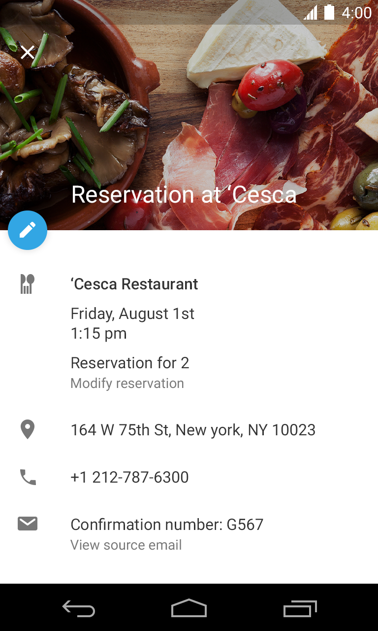 Restaurant Reservation Event in Google Calendar