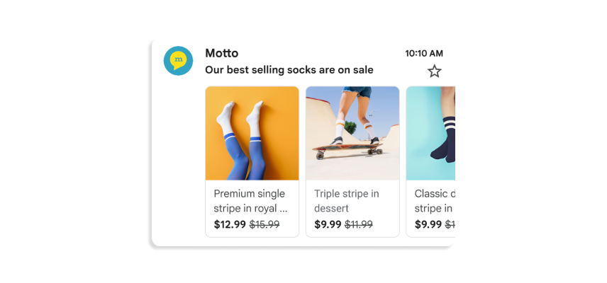 Um e-mail promocional que mostra um carrossel com três imagens de ofertas de meias.